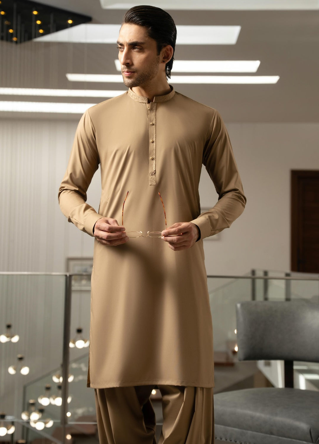 Stylish Garments Mens RTW Embroidered Wash N Wear Kurta Shalwar Suit Dark Fawn Casual Collection