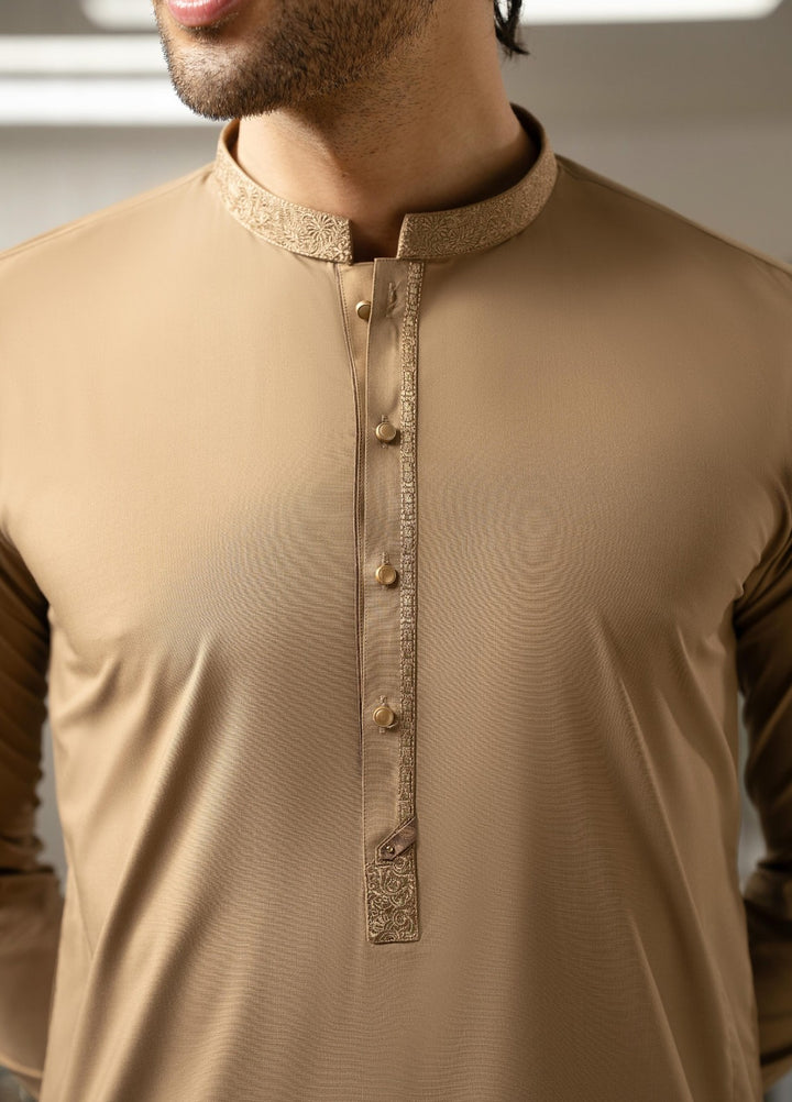 Stylish Garments Mens RTW Embroidered Wash N Wear Kurta Shalwar Suit Dark Fawn Casual Collection