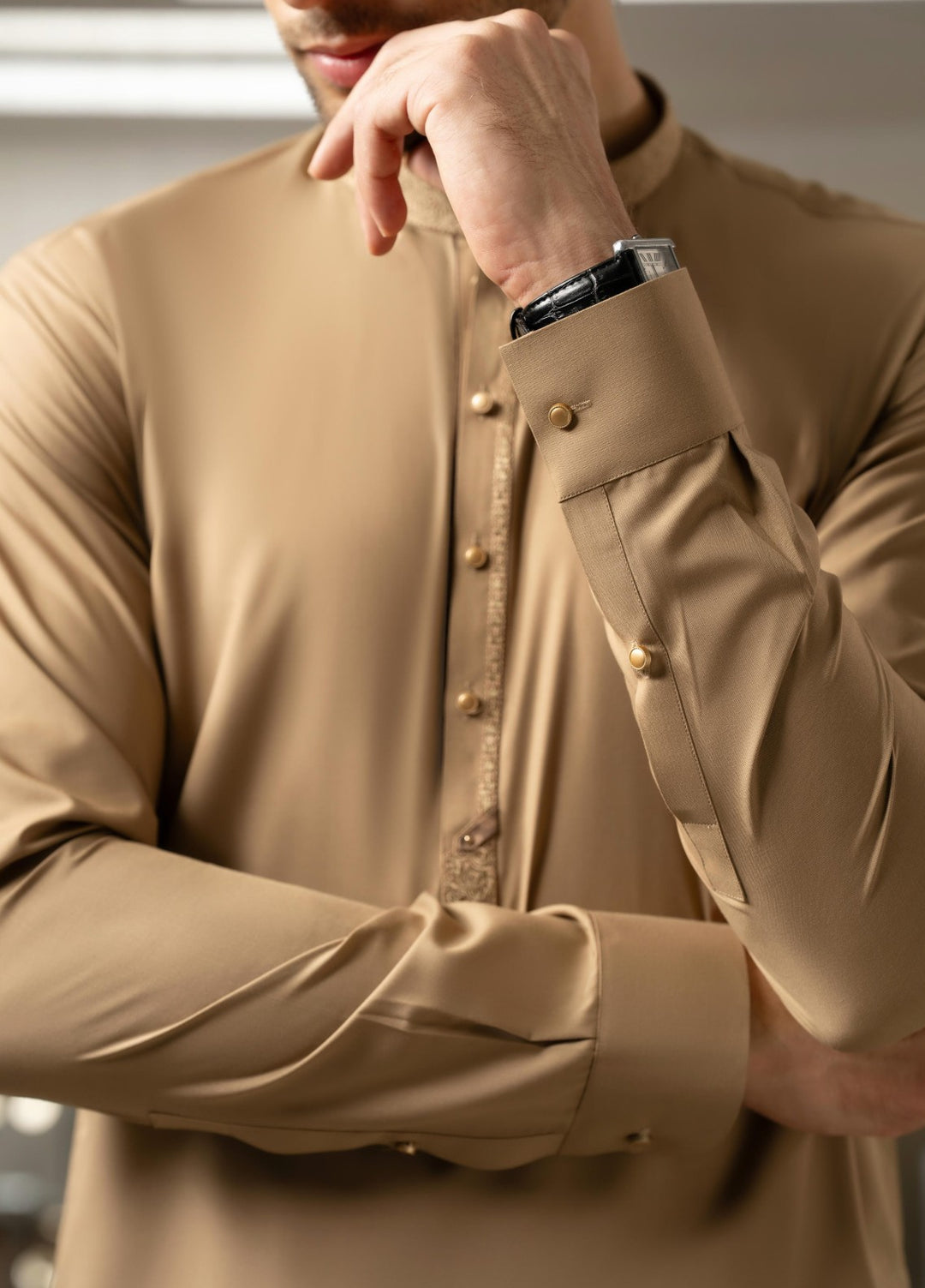 Stylish Garments Mens RTW Embroidered Wash N Wear Kurta Shalwar Suit Dark Fawn Casual Collection