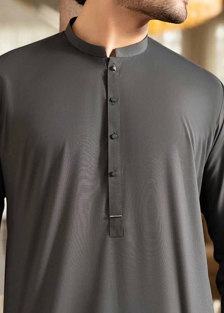 Stylish Garments Mens RTW Solids Wash N Wear Kurta Shalwar Suit Dark Gray Contrast Casual Collection