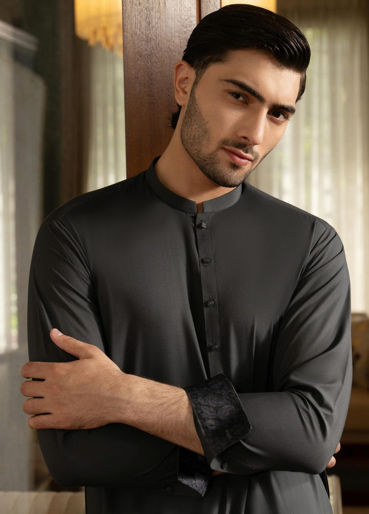 Stylish Garments Mens RTW Solids Wash N Wear Kurta Shalwar Suit Dark Gray Contrast Casual Collection