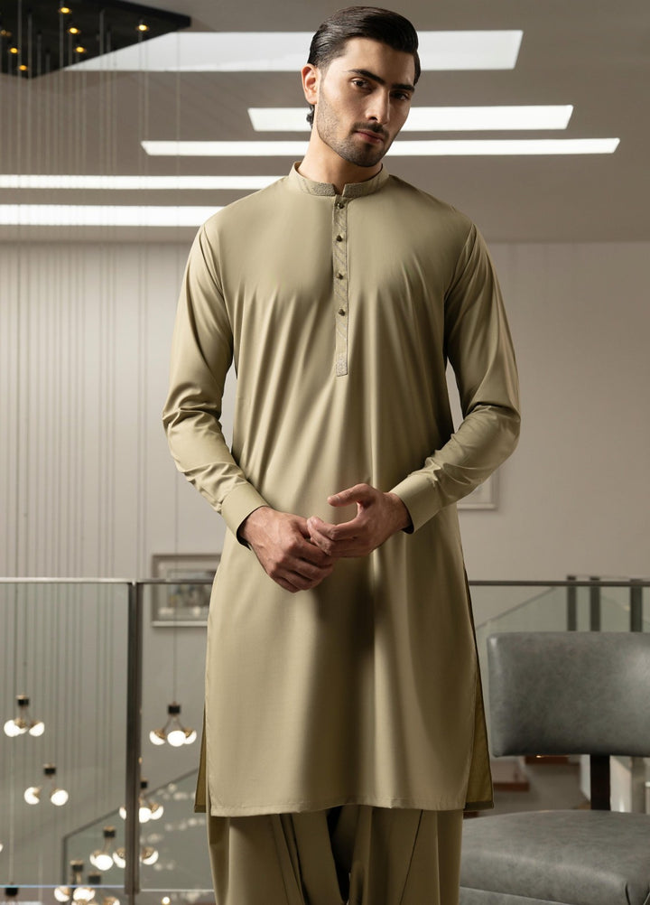 Stylish Garments Mens RTW Embroidered Wash N Wear Kurta Shalwar Suit Fawn Casual Collection
