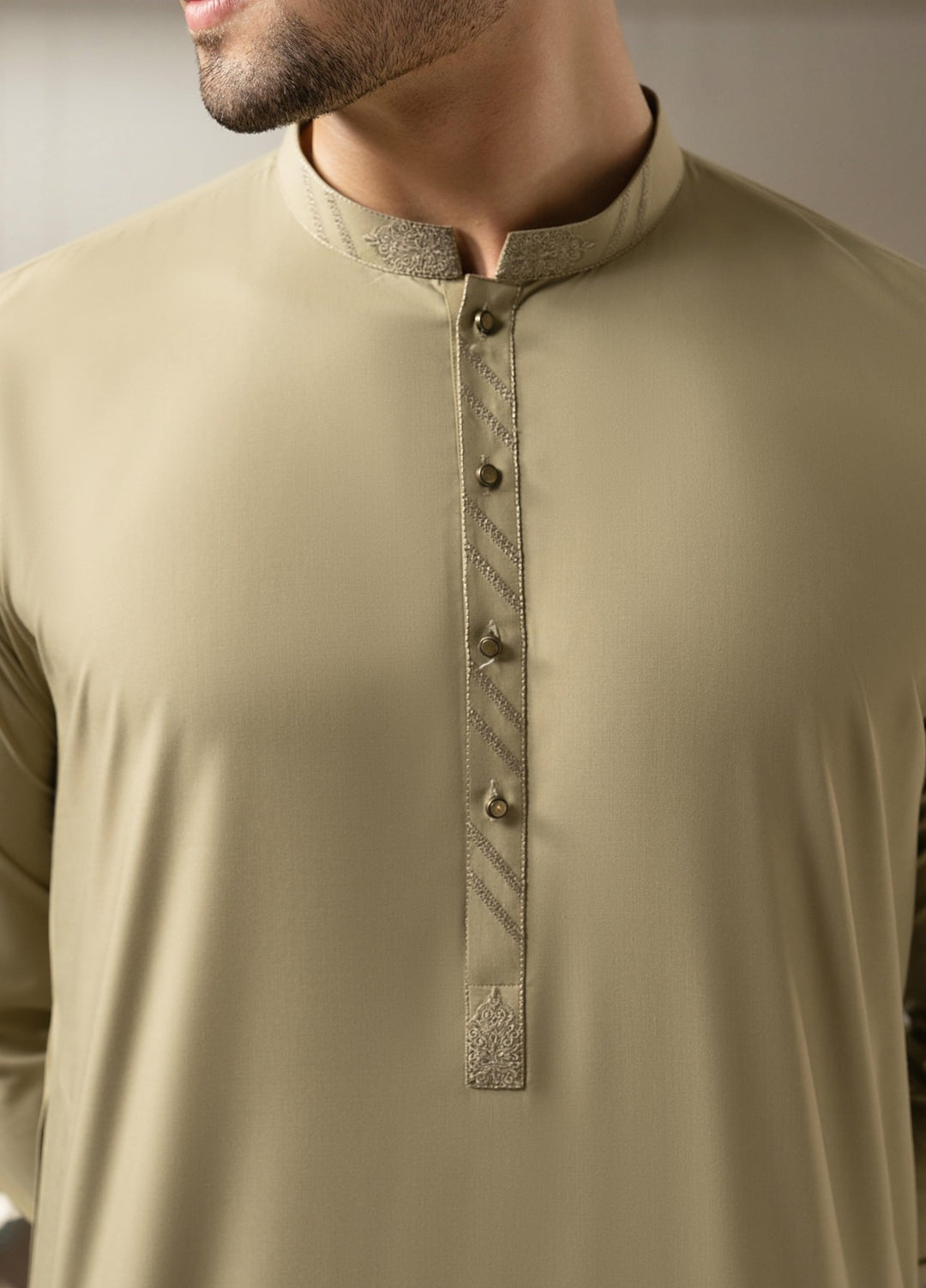 Stylish Garments Mens RTW Embroidered Wash N Wear Kurta Shalwar Suit Fawn Casual Collection