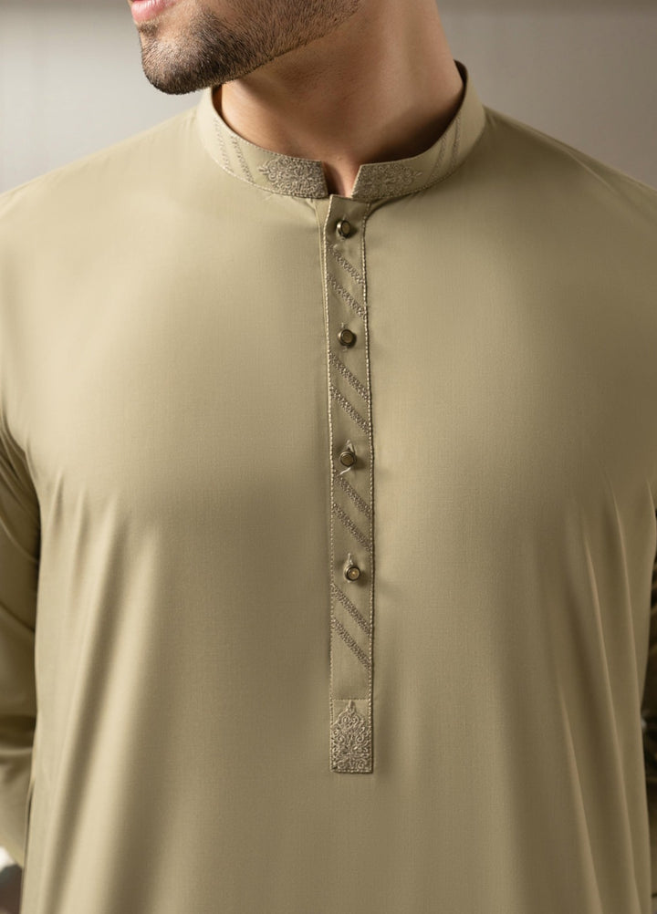 Stylish Garments Mens RTW Embroidered Wash N Wear Kurta Shalwar Suit Fawn Casual Collection