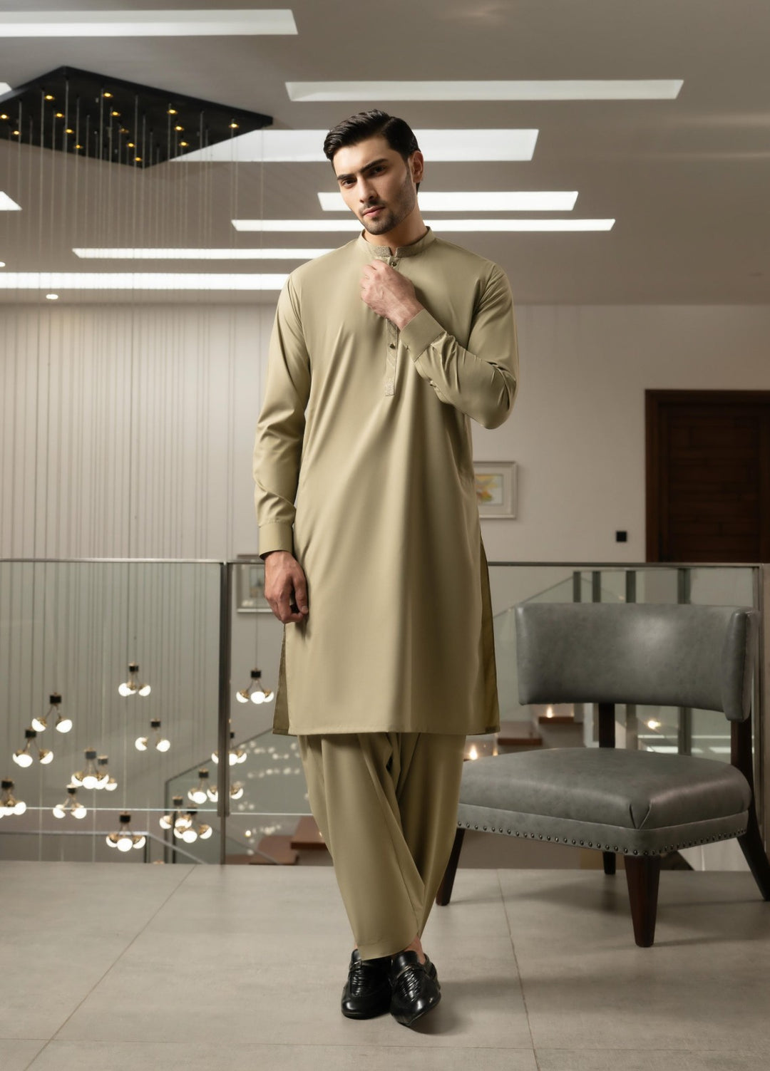 Stylish Garments Mens RTW Embroidered Wash N Wear Kurta Shalwar Suit Fawn Casual Collection