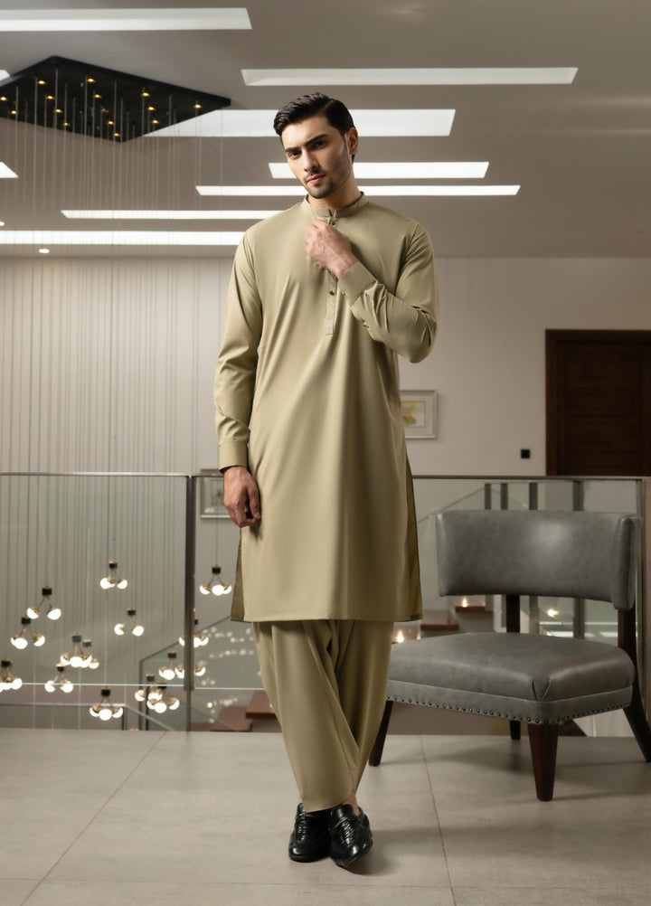 Stylish Garments Mens RTW Embroidered Wash N Wear Kurta Shalwar Suit Fawn Casual Collection
