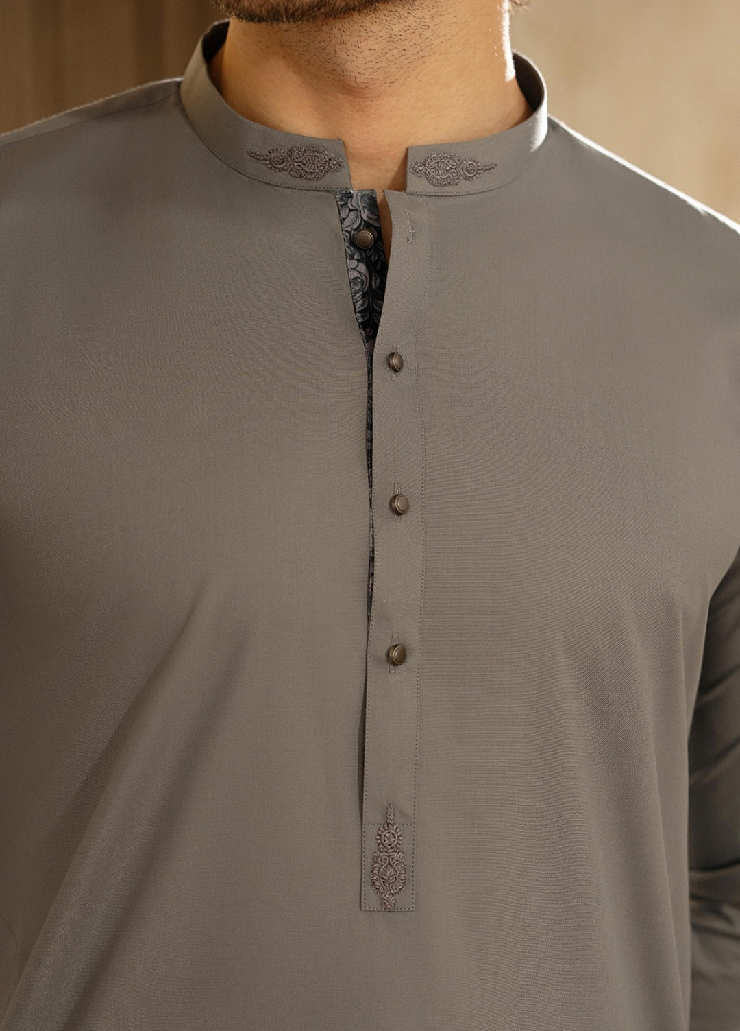 Stylish Garments Mens RTW Solids Wash N Wear Kurta Shalwar Suit Gray Contrast Casual Collection