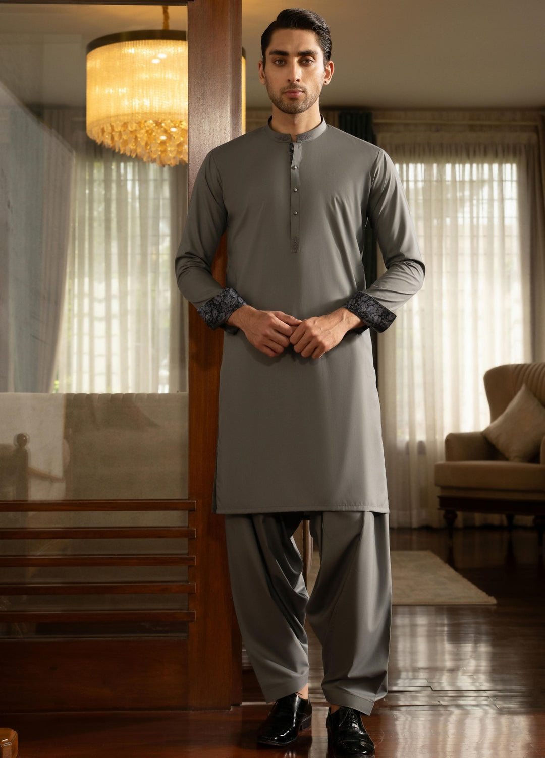 Stylish Garments Mens RTW Solids Wash N Wear Kurta Shalwar Suit Gray Contrast Casual Collection