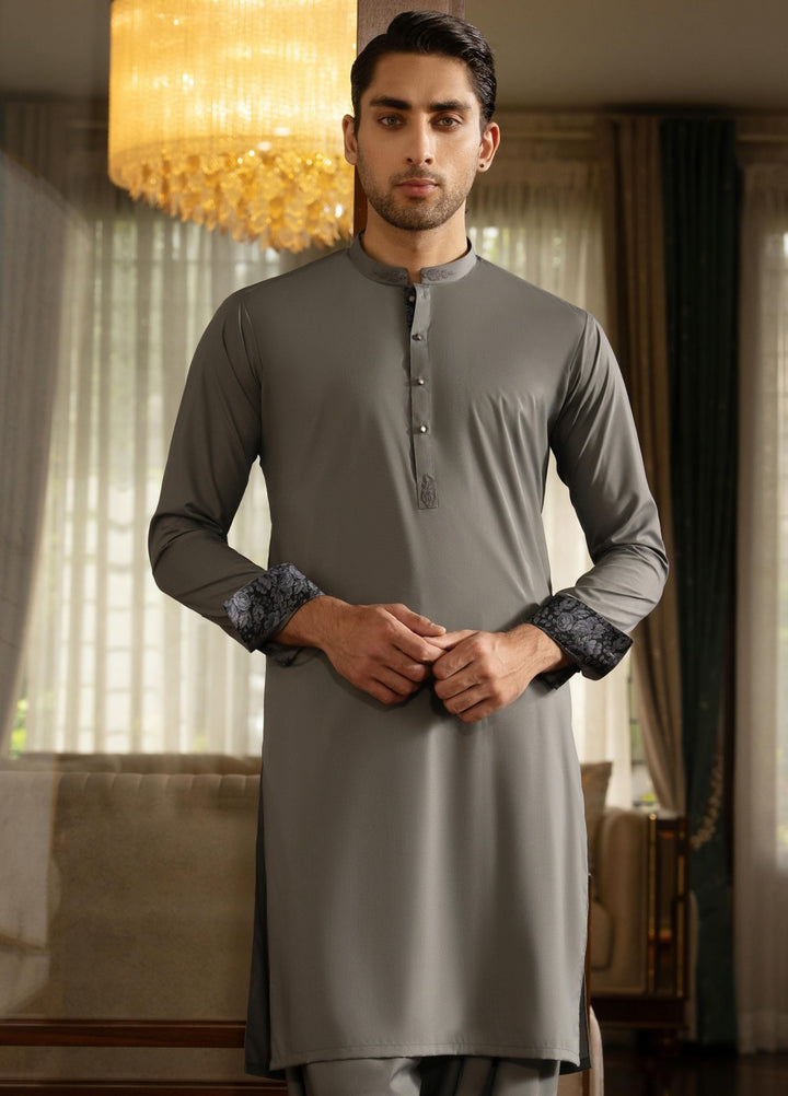 Stylish Garments Mens RTW Solids Wash N Wear Kurta Shalwar Suit Gray Contrast Casual Collection