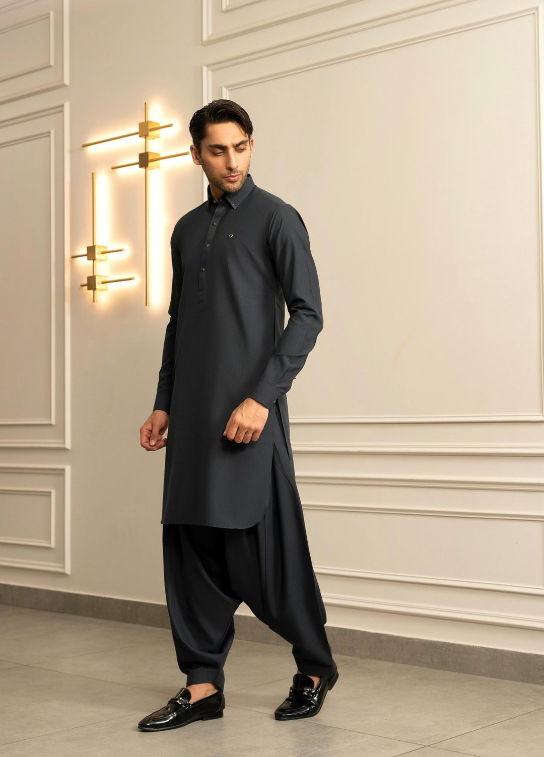 Stylish Garments Mens RTW Solids Wash N Wear Kurta Shalwar Suit Gray Blue Plain Casual Collection