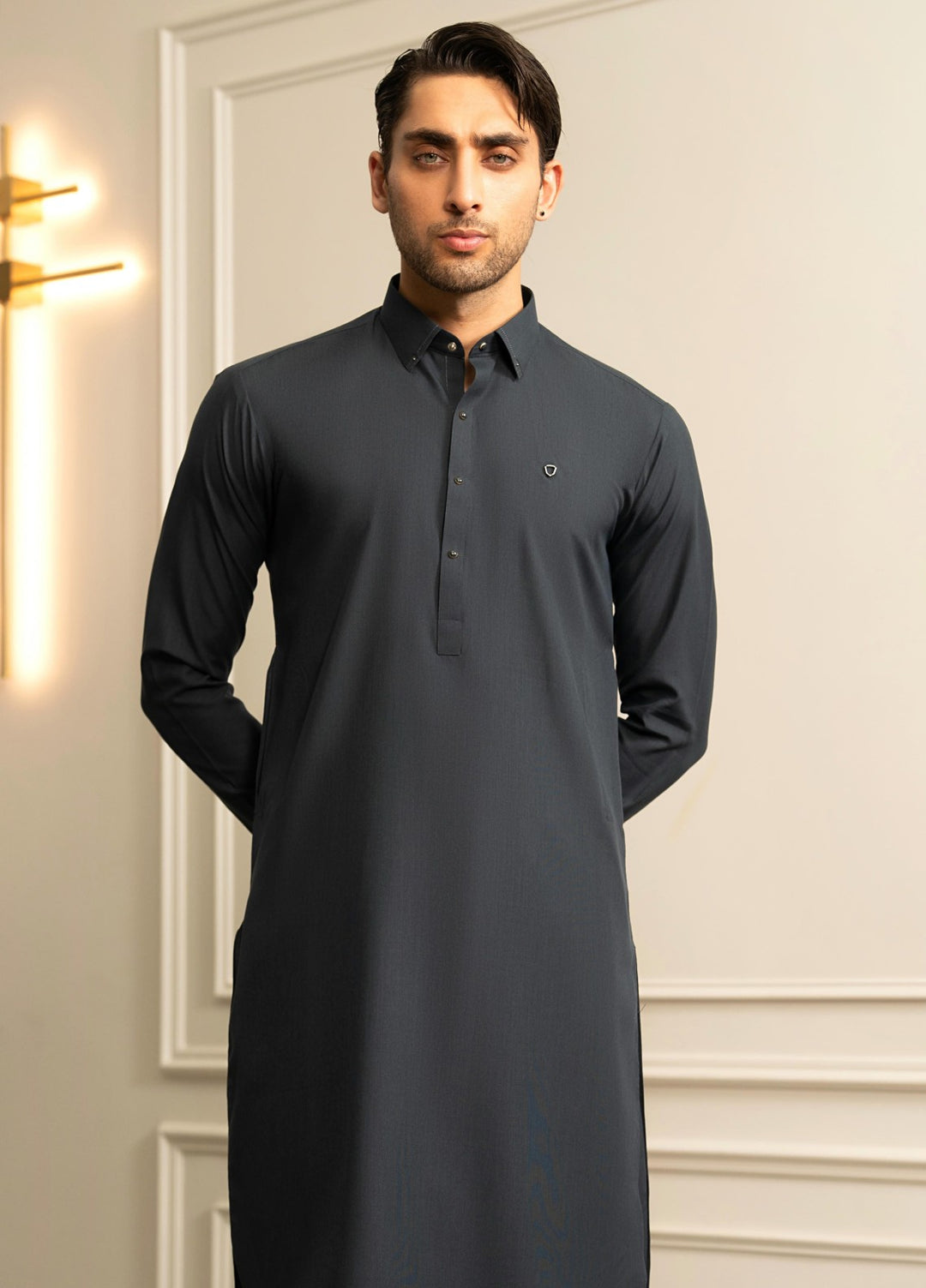 Stylish Garments Mens RTW Solids Wash N Wear Kurta Shalwar Suit Gray Blue Plain Casual Collection