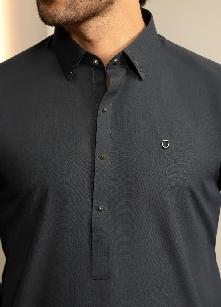 Stylish Garments Mens RTW Solids Wash N Wear Kurta Shalwar Suit Gray Blue Plain Casual Collection