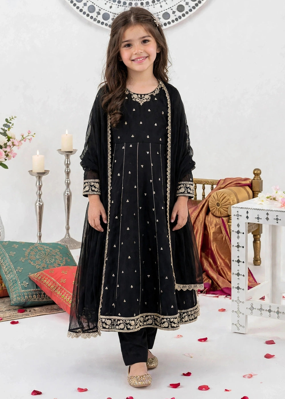 Modest Girls RTW Embroidered Crinkle 3 Piece Suit Black 11370-Blk Festive Collection