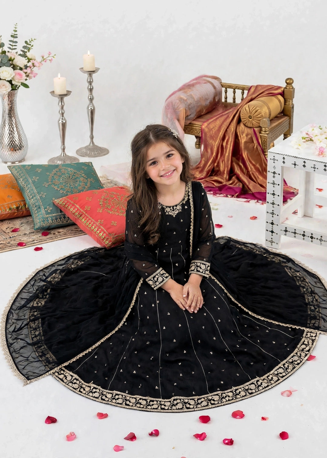 Modest Girls RTW Embroidered Crinkle 3 Piece Suit Black 11370-Blk Festive Collection