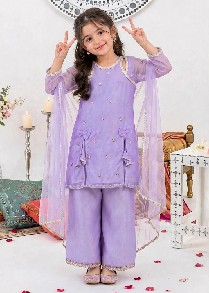 Modest Girls RTW Embroidered Crinkle 3 Piece Suit Purple A041-Prpl Festive Collection