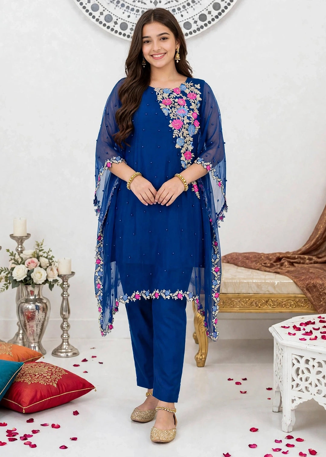Modest Girls RTW Embroidered Chiffon 3 Piece Suit Blue A016-Blu Festive Collection
