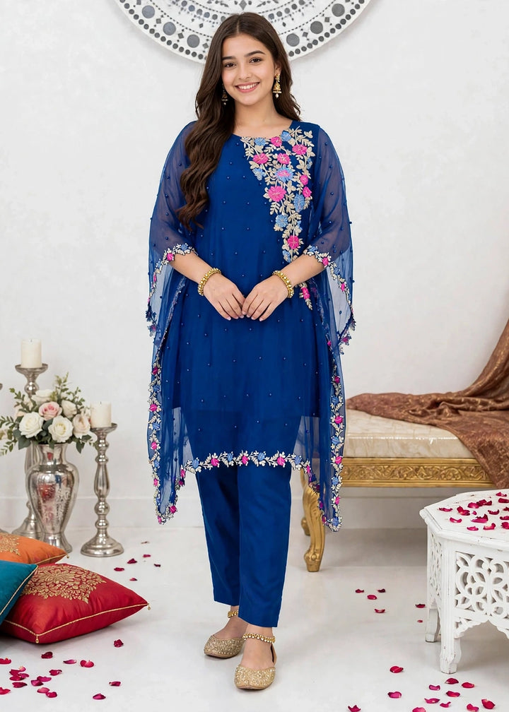 Modest Girls RTW Embroidered Chiffon 3 Piece Suit Blue A016-Blu Festive Collection