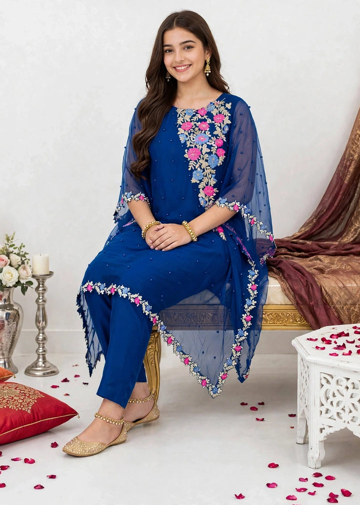 Modest Girls RTW Embroidered Chiffon 3 Piece Suit Blue A016-Blu Festive Collection