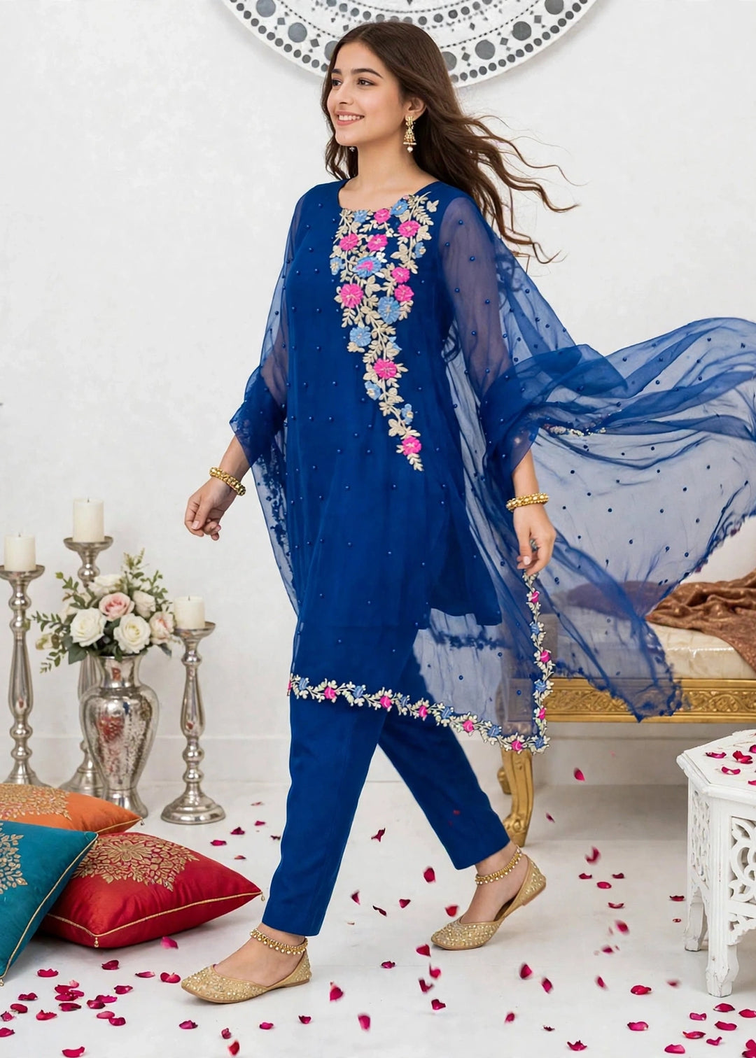 Modest Girls RTW Embroidered Chiffon 3 Piece Suit Blue A016-Blu Festive Collection
