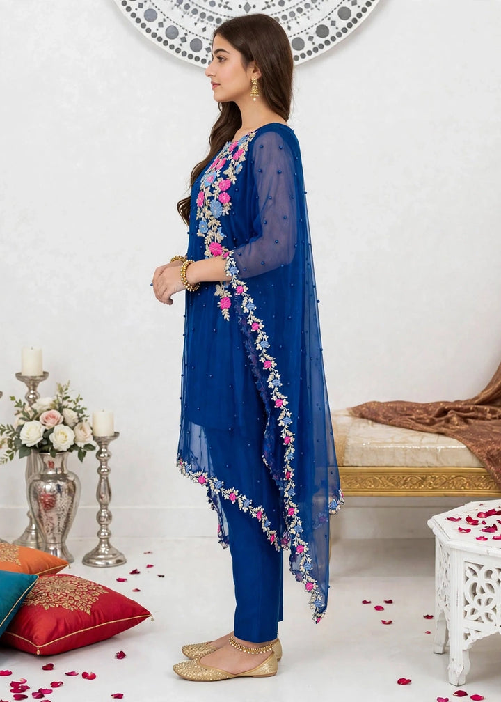 Modest Girls RTW Embroidered Chiffon 3 Piece Suit Blue A016-Blu Festive Collection