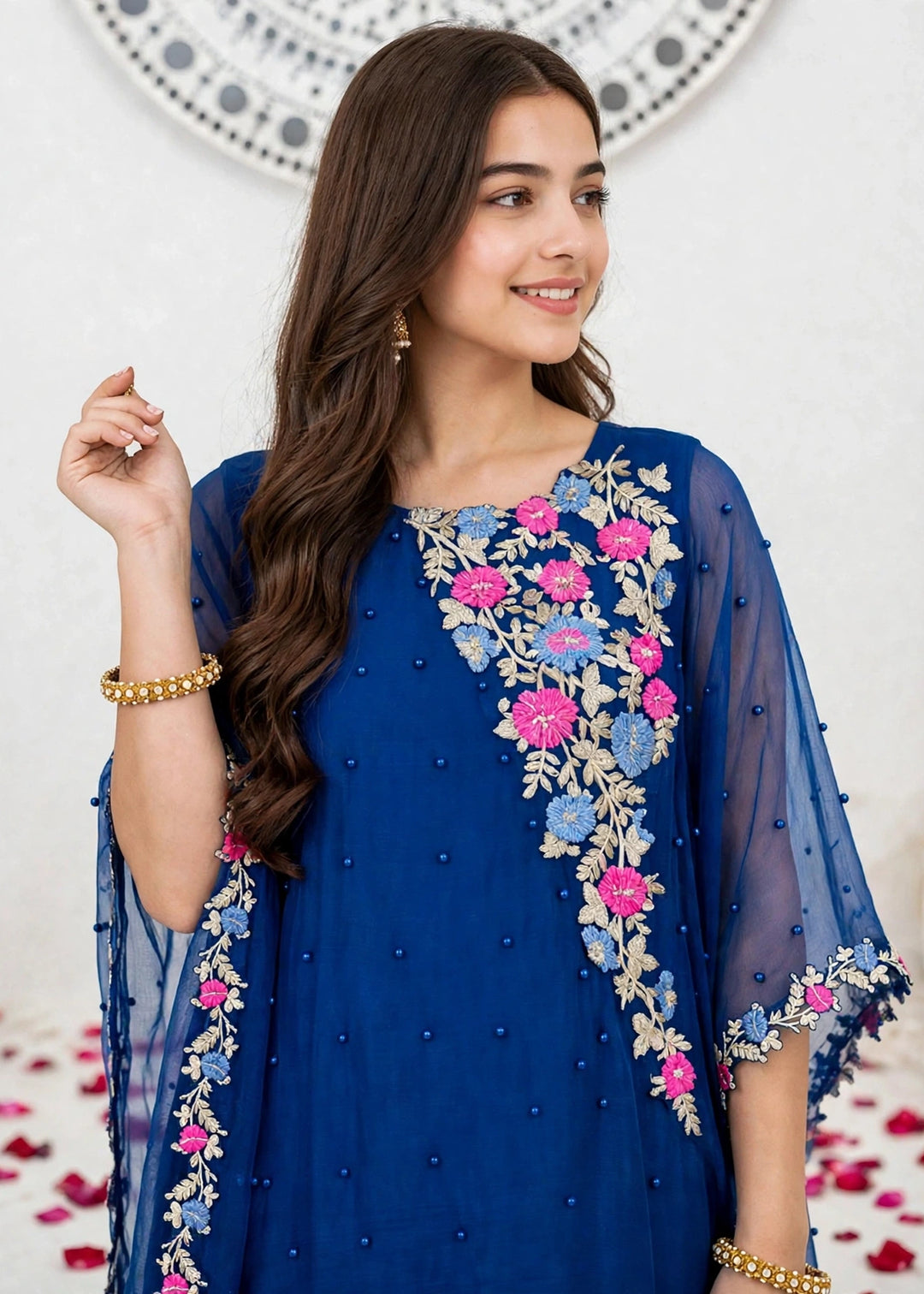 Modest Girls RTW Embroidered Chiffon 3 Piece Suit Blue A016-Blu Festive Collection