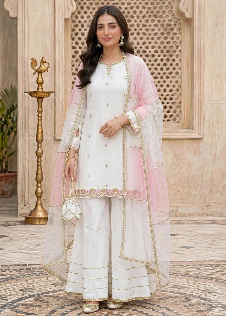 Modest Women RTW Embroidered Chiffon 3 Piece Suit W297-Wht White Festive Collection