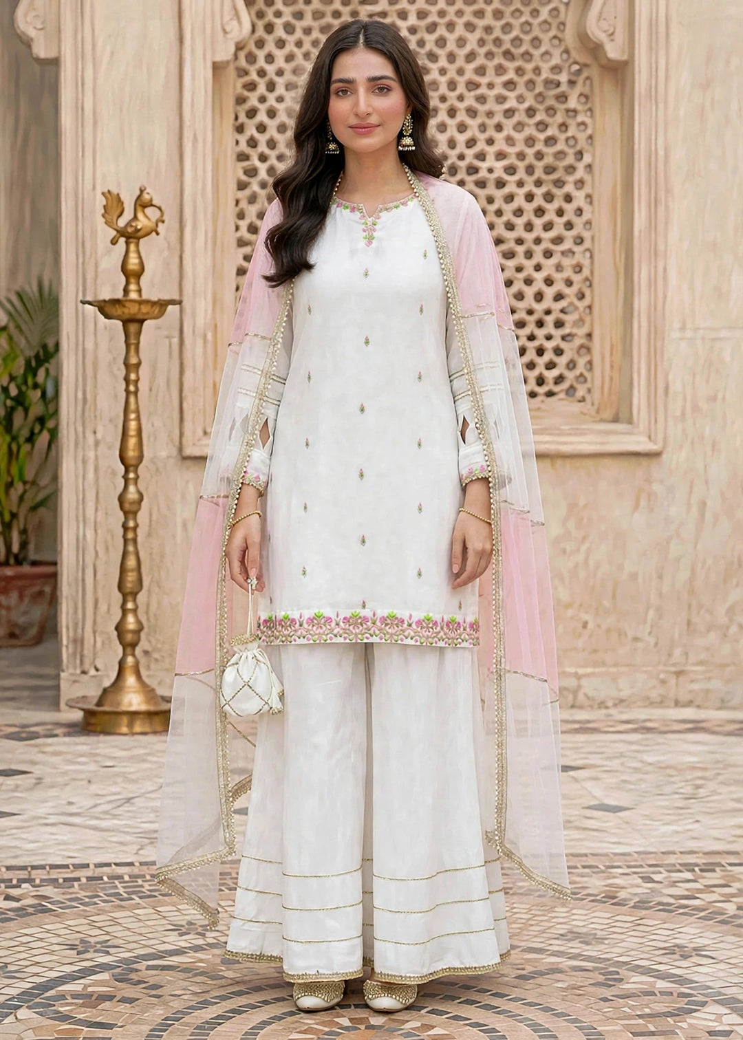 Modest Women RTW Embroidered Chiffon 3 Piece Suit W297-Wht White Festive Collection