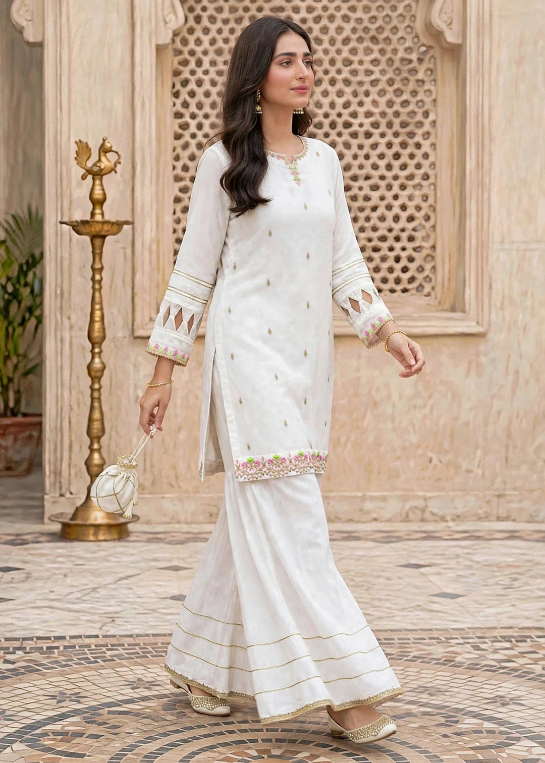 Modest Women RTW Embroidered Chiffon 3 Piece Suit W297-Wht White Festive Collection