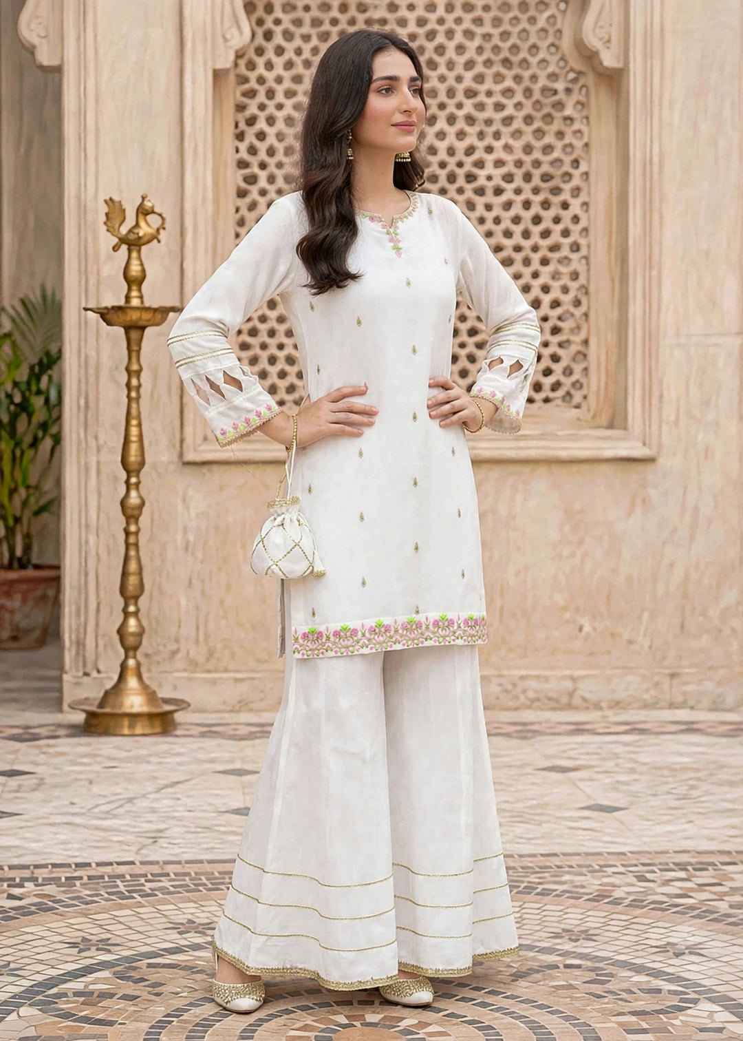 Modest Women RTW Embroidered Chiffon 3 Piece Suit W297-Wht White Festive Collection