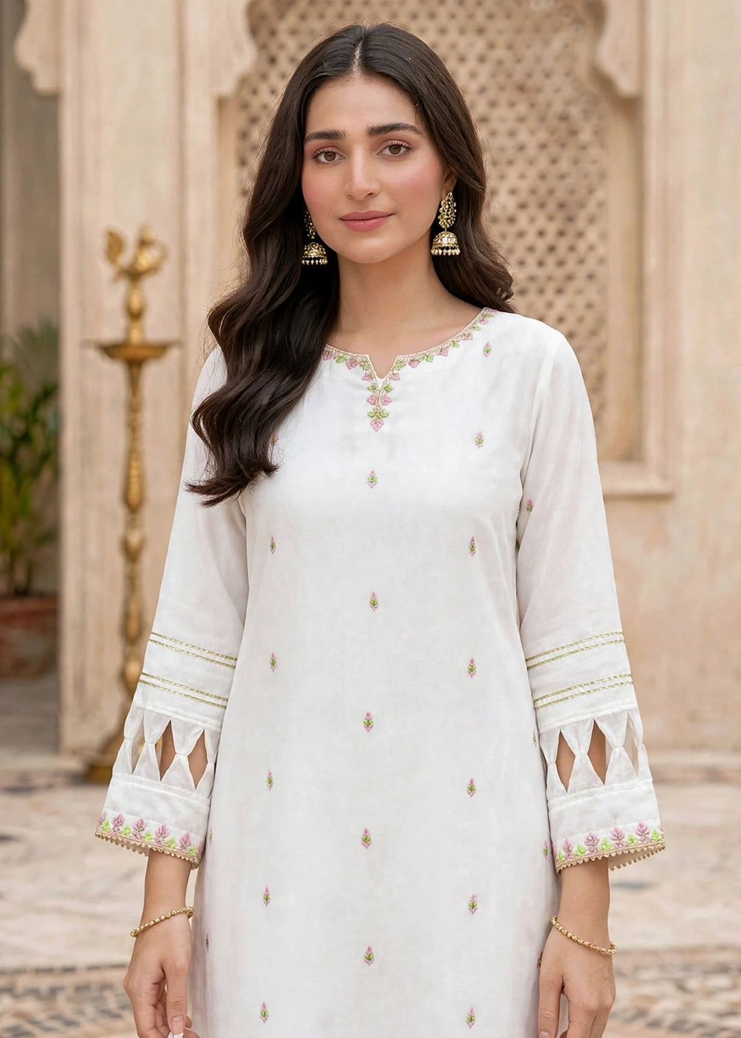 Modest Women RTW Embroidered Chiffon 3 Piece Suit W297-Wht White Festive Collection