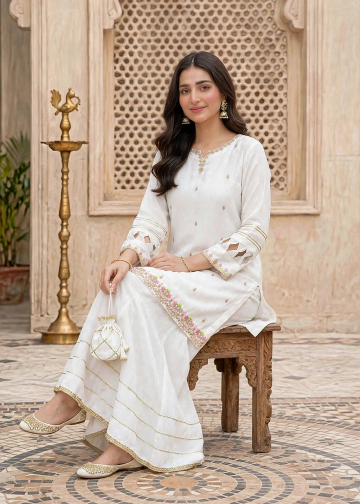 Modest Women RTW Embroidered Chiffon 3 Piece Suit W297-Wht White Festive Collection