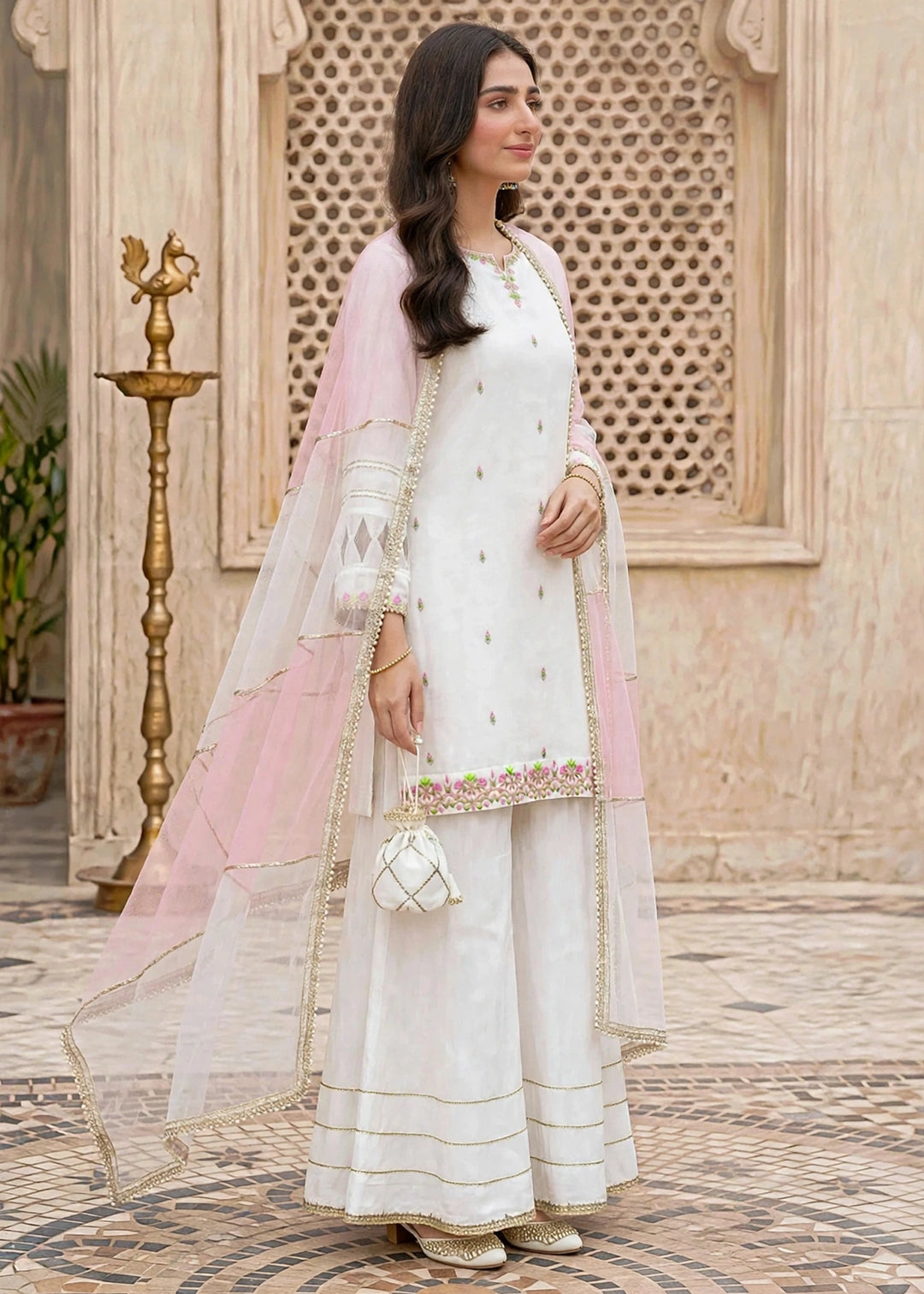 Modest Women RTW Embroidered Chiffon 3 Piece Suit W297-Wht White Festive Collection