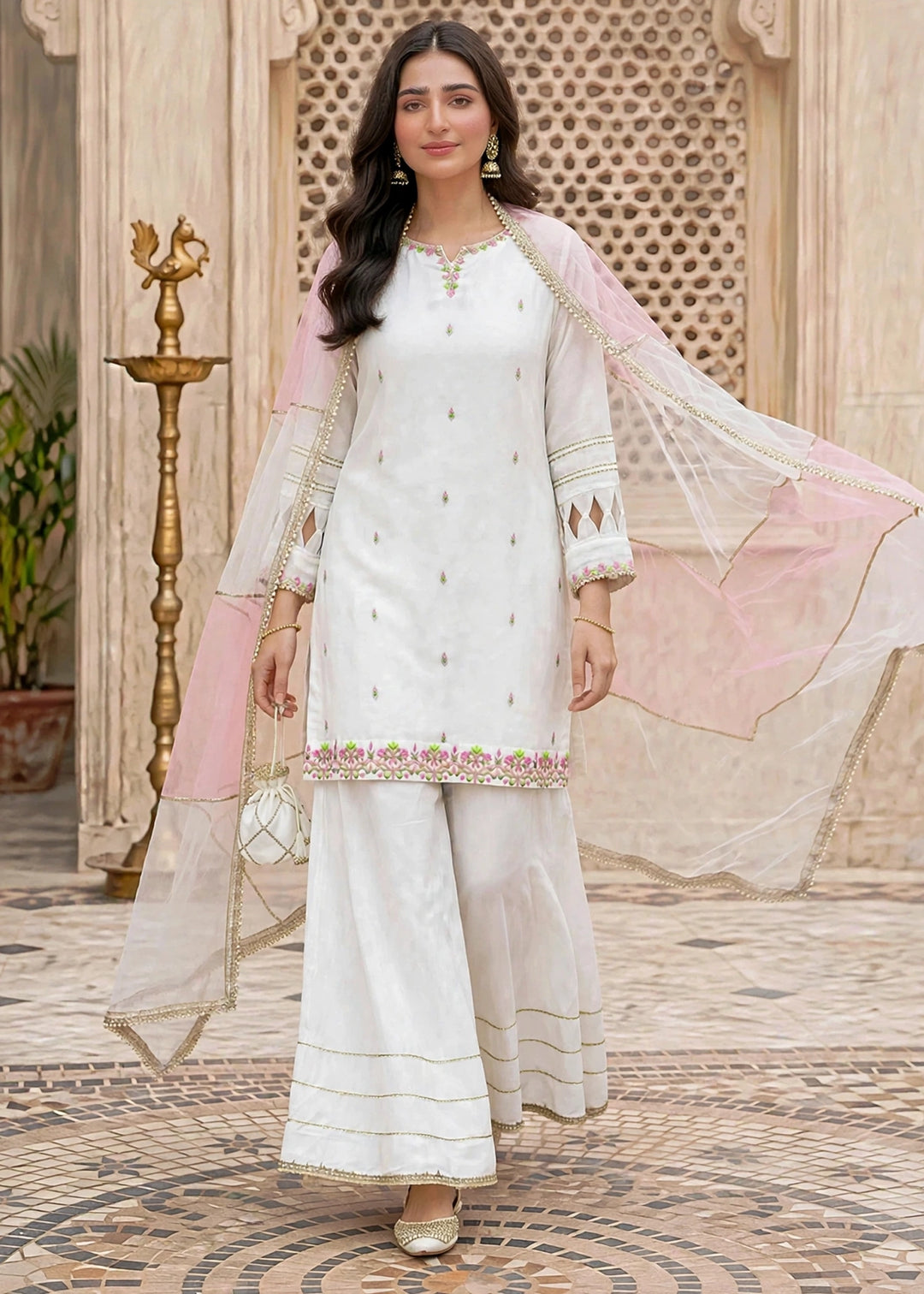 Modest Women RTW Embroidered Chiffon 3 Piece Suit W297-Wht White Festive Collection