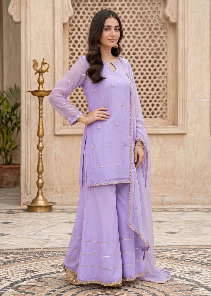 Modest Women RTW Embroidered Chiffon 3 Piece Suit W295-Prpl Lavender Festive Collection