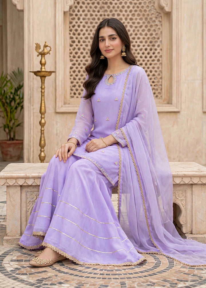 Modest Women RTW Embroidered Chiffon 3 Piece Suit W295-Prpl Lavender Festive Collection