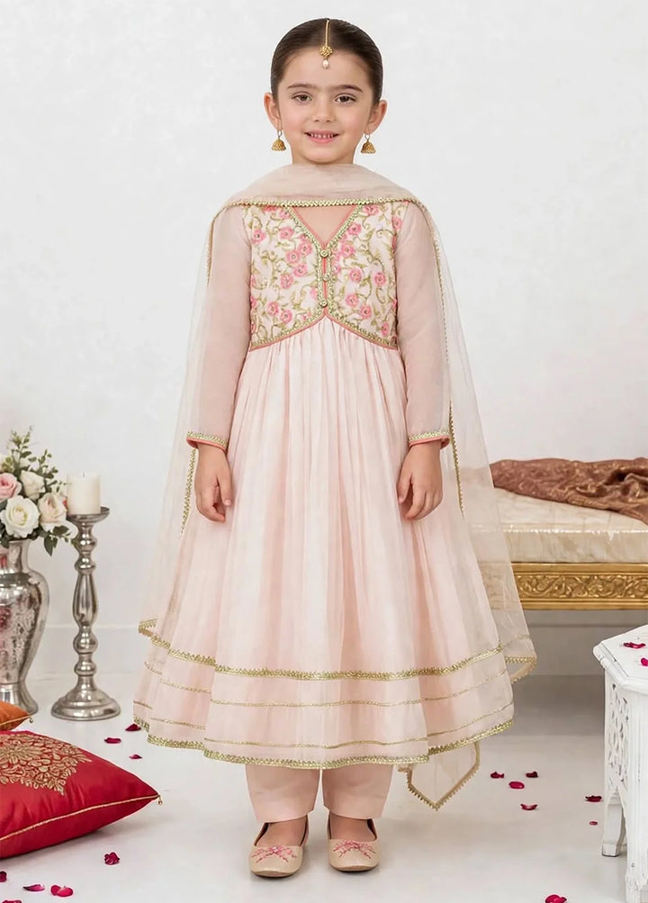 Jhilmil by Modest Girls RTW Embroidered Chiffon 3 Piece Suit Peach Frock Festive Collection