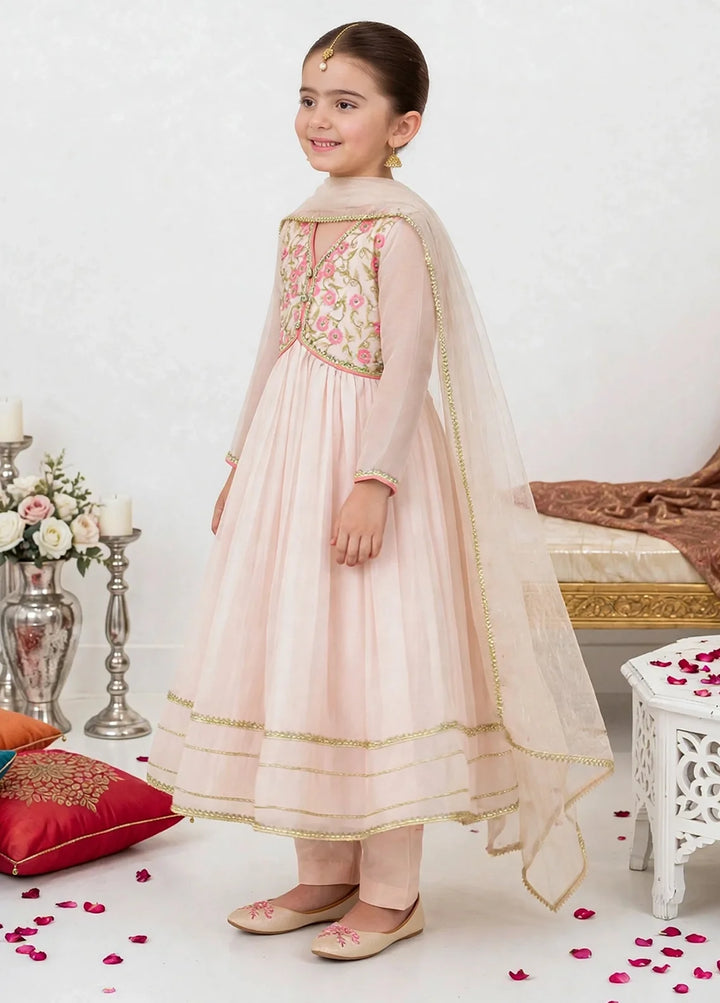 Jhilmil by Modest Girls RTW Embroidered Chiffon 3 Piece Suit Peach Frock Festive Collection