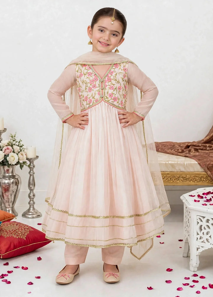 Jhilmil by Modest Girls RTW Embroidered Chiffon 3 Piece Suit Peach Frock Festive Collection