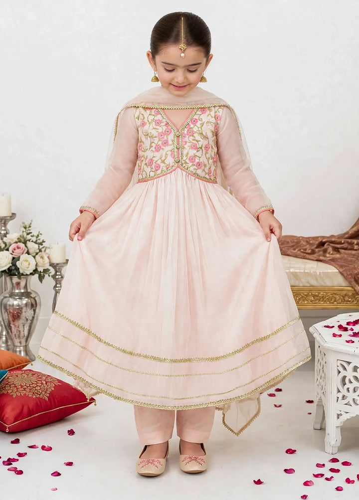 Jhilmil by Modest Girls RTW Embroidered Chiffon 3 Piece Suit Peach Frock Festive Collection