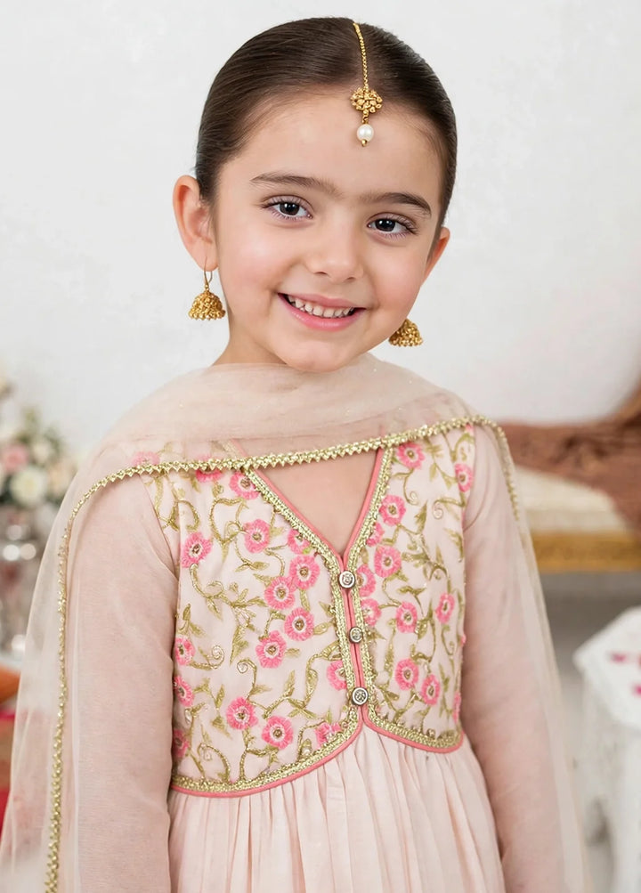 Jhilmil by Modest Girls RTW Embroidered Chiffon 3 Piece Suit Peach Frock Festive Collection