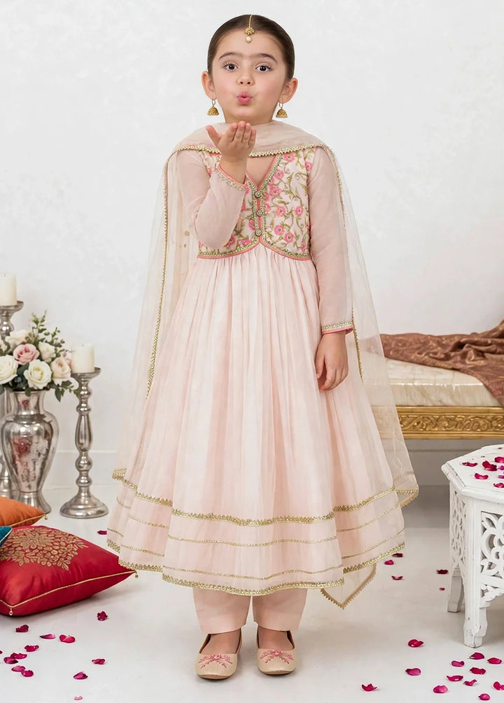 Jhilmil by Modest Girls RTW Embroidered Chiffon 3 Piece Suit Peach Frock Festive Collection
