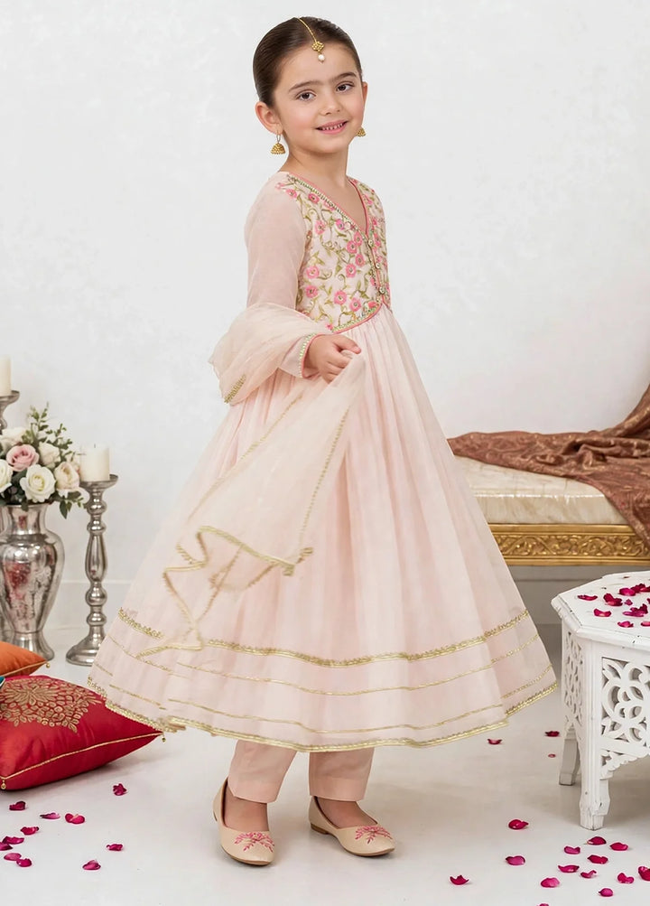 Jhilmil by Modest Girls RTW Embroidered Chiffon 3 Piece Suit Peach Frock Festive Collection