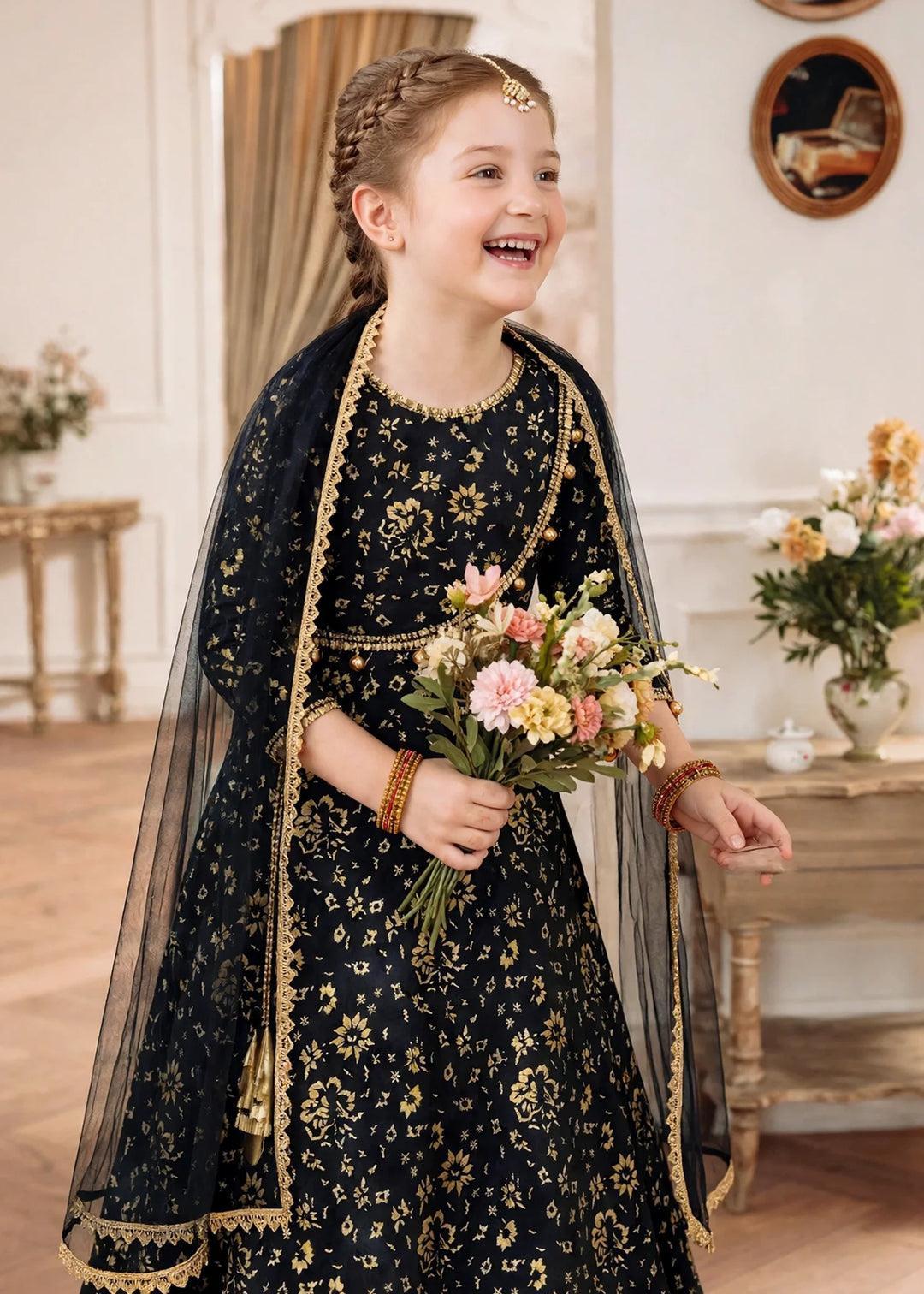 Jhilmil by Modest Girls RTW Printed Raw Silk 3 Piece Suit Black Lehenga Festive Collection