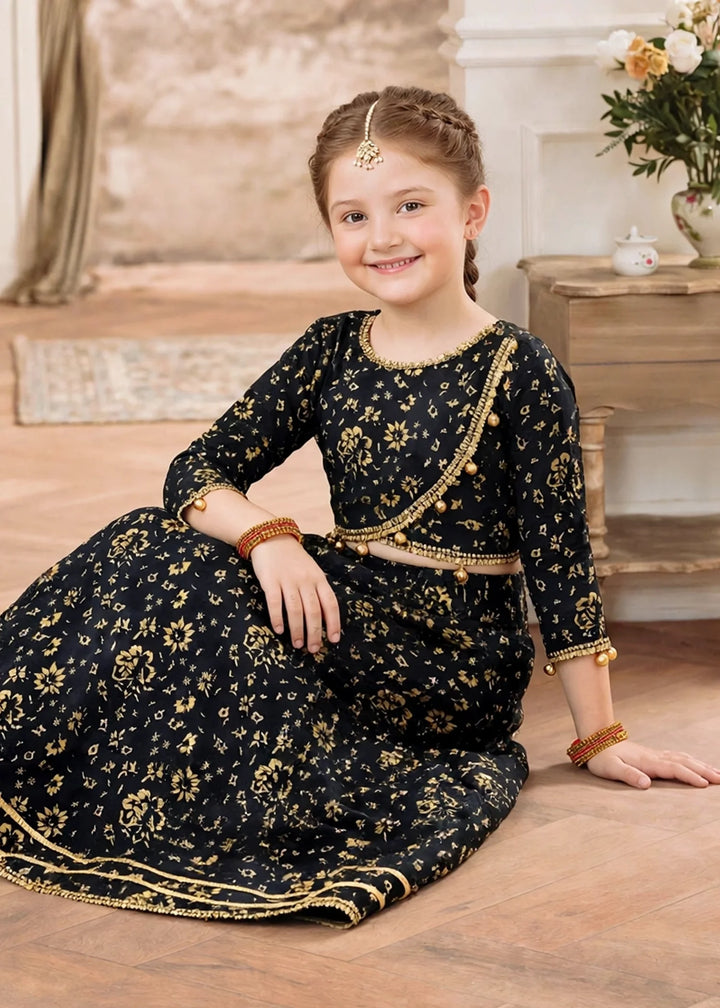 Jhilmil by Modest Girls RTW Printed Raw Silk 3 Piece Suit Black Lehenga Festive Collection