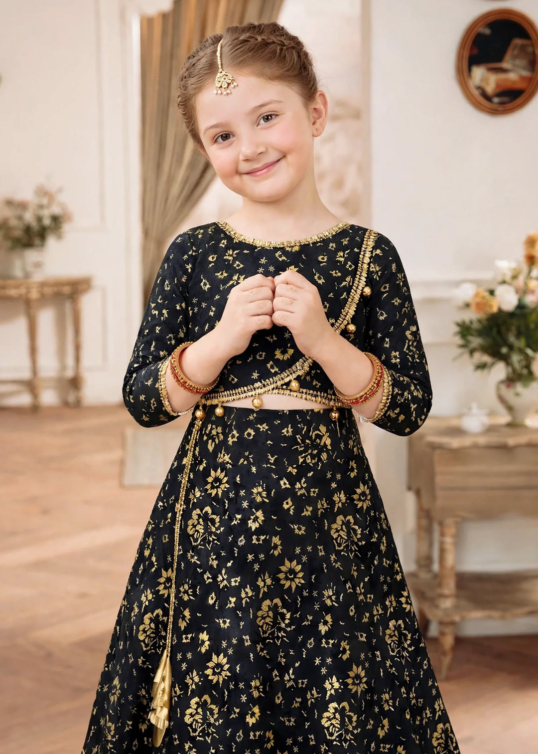 Jhilmil by Modest Girls RTW Printed Raw Silk 3 Piece Suit Black Lehenga Festive Collection