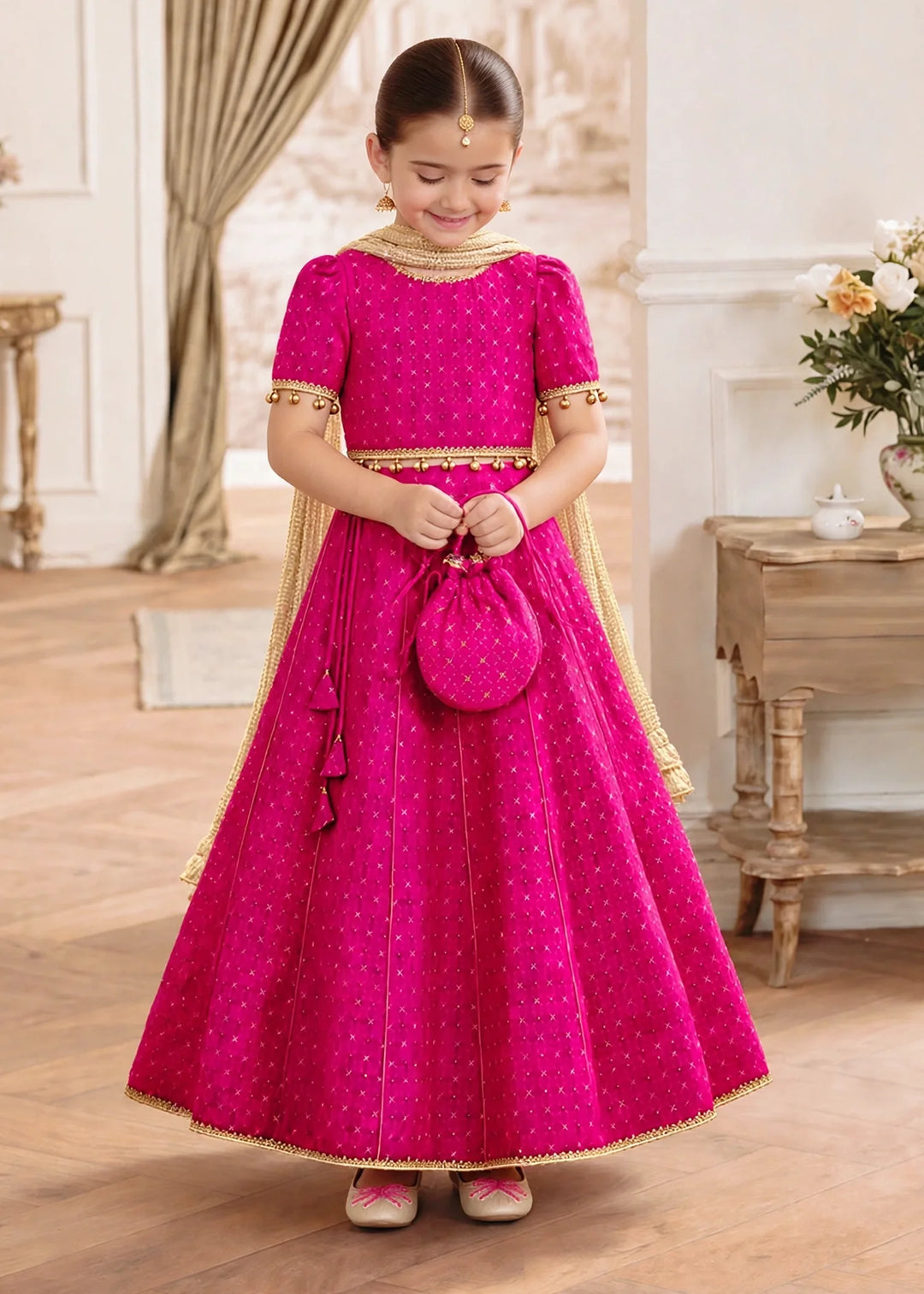 Jhilmil by Modest Girls RTW Printed Raw Silk 3 Piece Suit Pink Lehenga Festive Collection