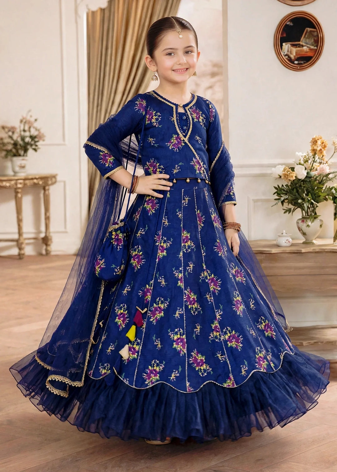 Jhilmil by Modest Girls RTW Printed Raw Silk 3 Piece Suit Blue Lehenga Festive Collection