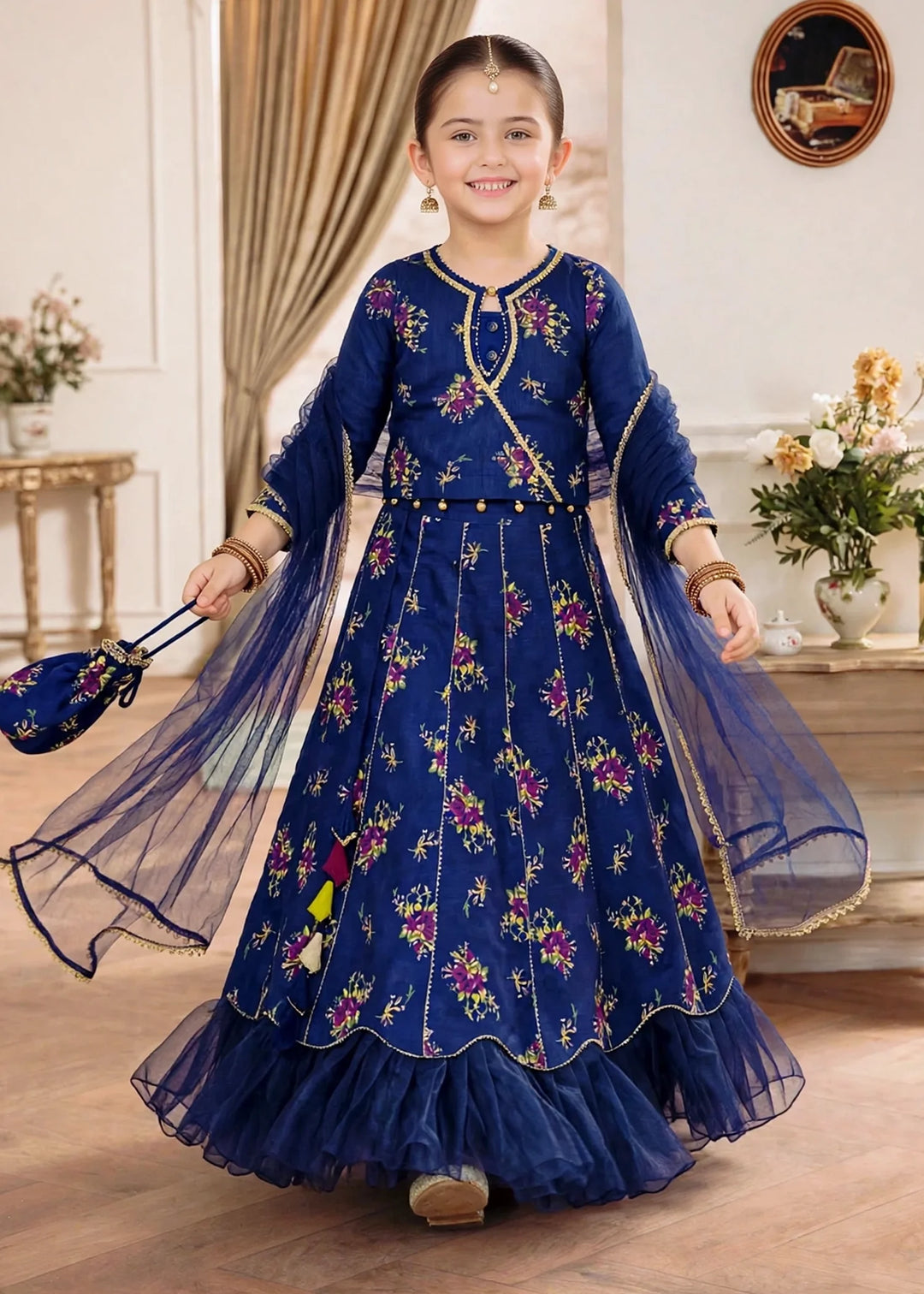 Jhilmil by Modest Girls RTW Printed Raw Silk 3 Piece Suit Blue Lehenga Festive Collection