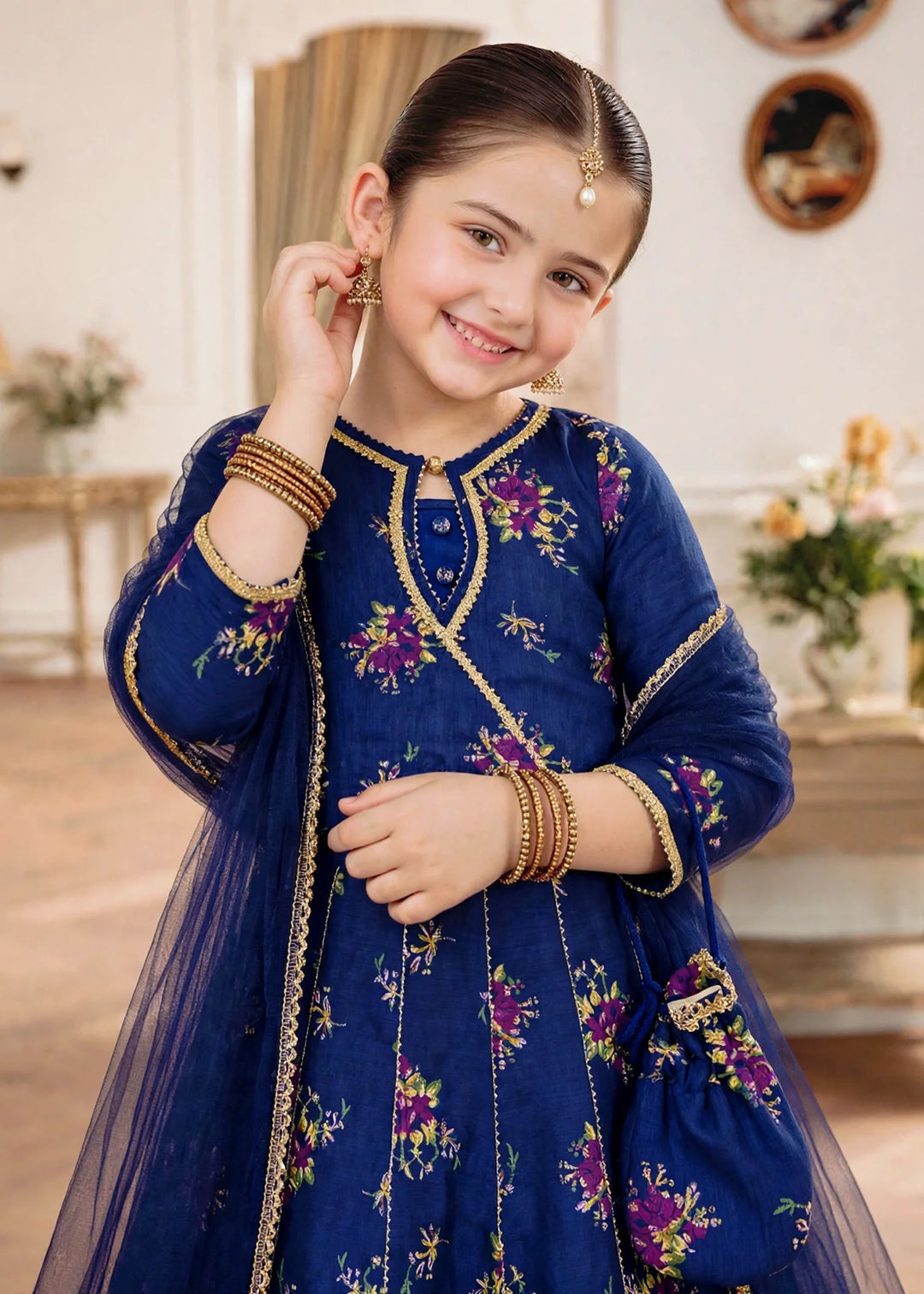 Jhilmil by Modest Girls RTW Printed Raw Silk 3 Piece Suit Blue Lehenga Festive Collection