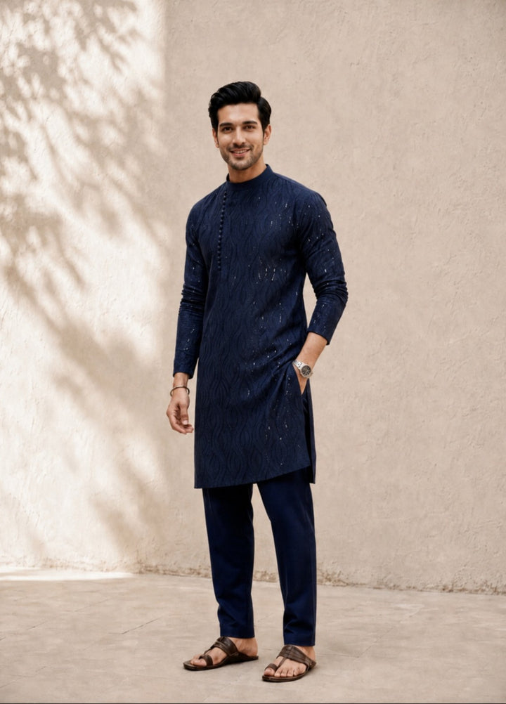 TGM Mens RTW Chikankari Chikankari Kurta Pajama Suit Eminence Blue Festive Collection